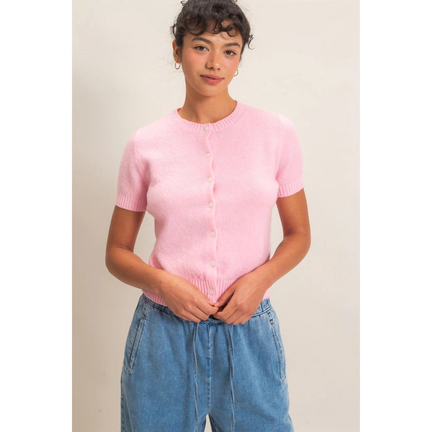 Short Sleeve Knit Button Cardigan