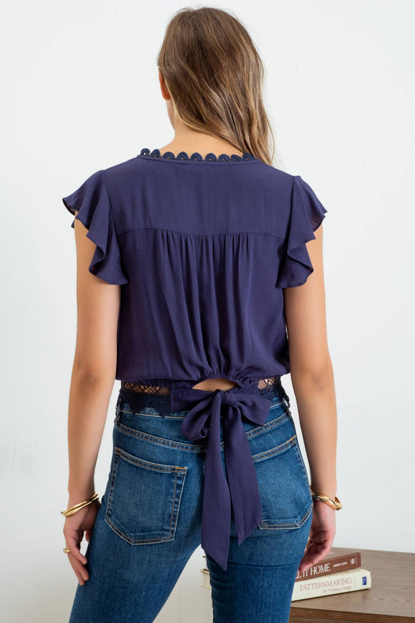 Navy Scallop Lace Trim Back Tie Short Sleeve Crop Top