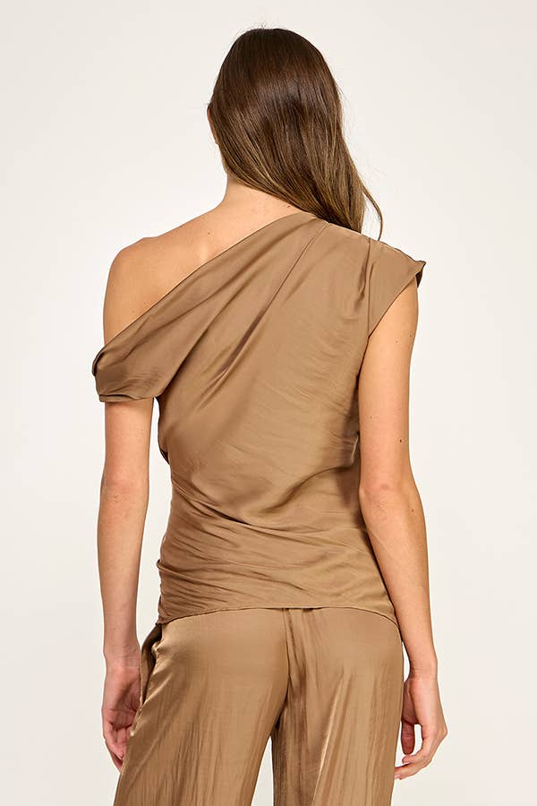 Gold Detail Cinch on Side Off Shoulder Drape Top Bronze