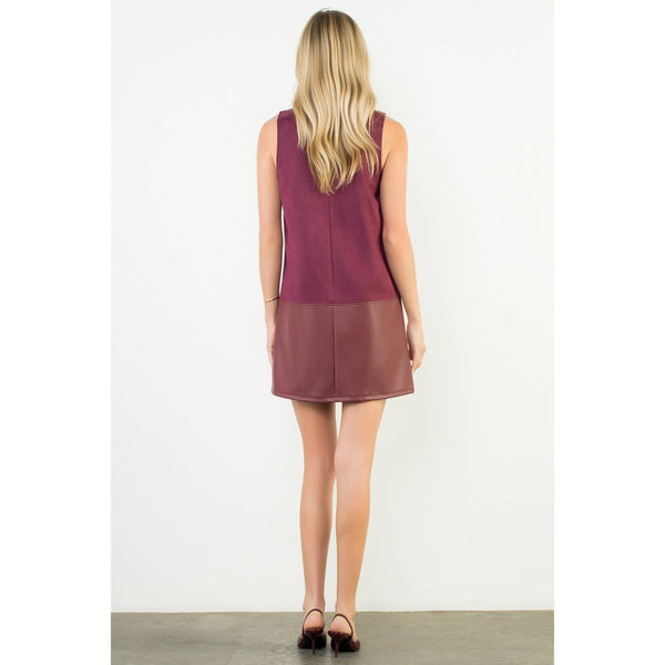 Wine Sleeveless Suede Feel w/Bottom PU Leather Mini Dress