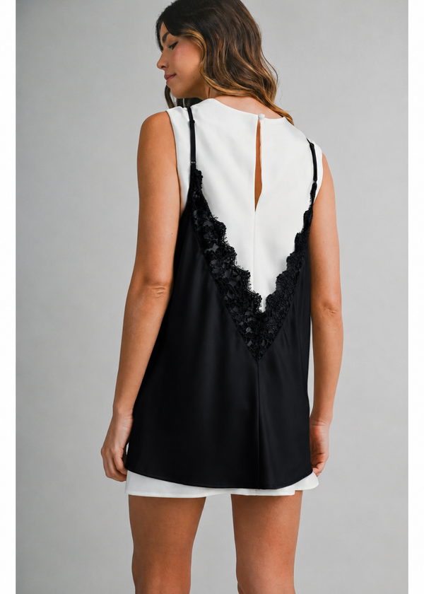 Solid Sleeveless Dress with Contrast Lace Overlay