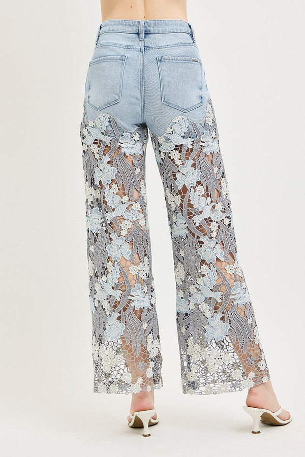 Hi Rise Wide Leg Lace Leg Trim Jeans
