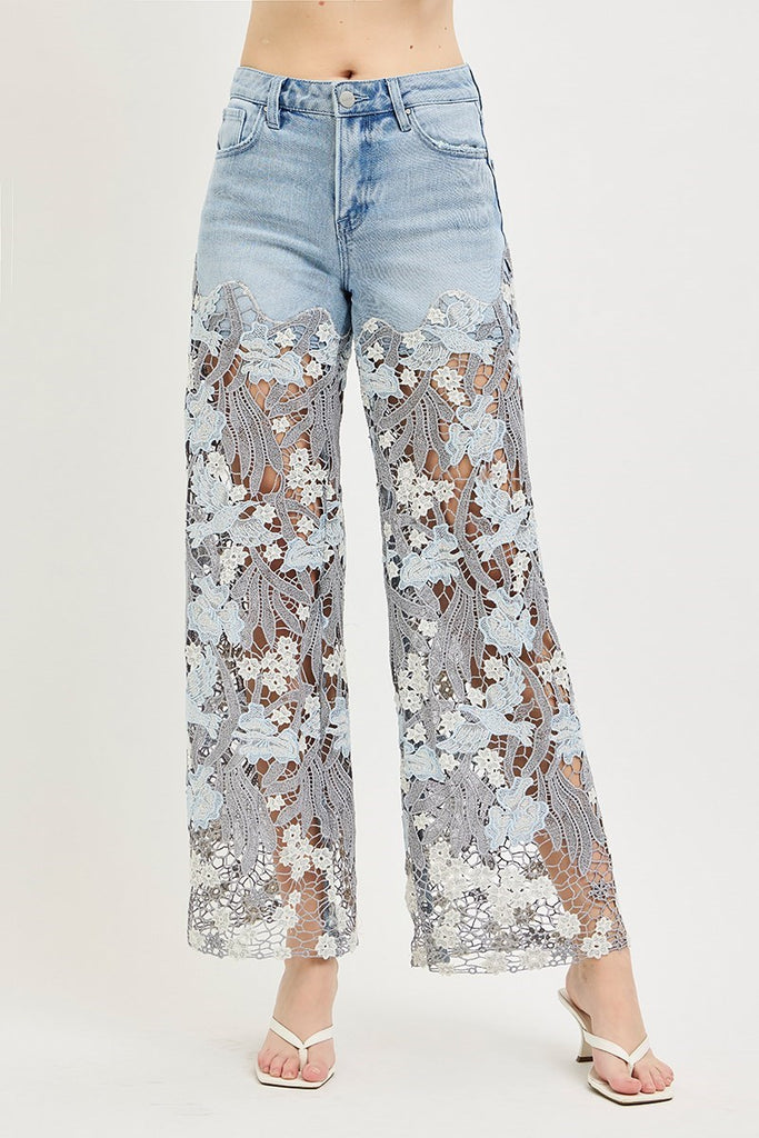 Hi Rise Wide Leg Lace Leg Trim Jeans