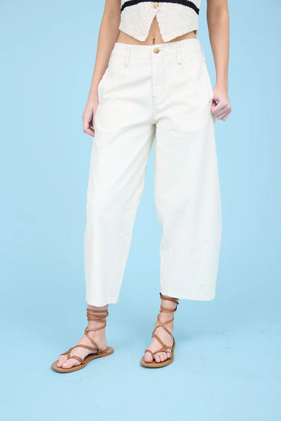 Ecru wide leg capri pants for women, perfect for resort wear and summer collection, featured in our boutique's new arrivals.