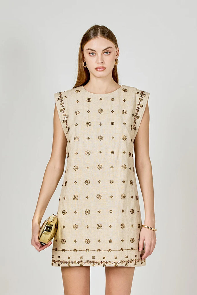 Tan Sleeveless Beaded Mini Dress