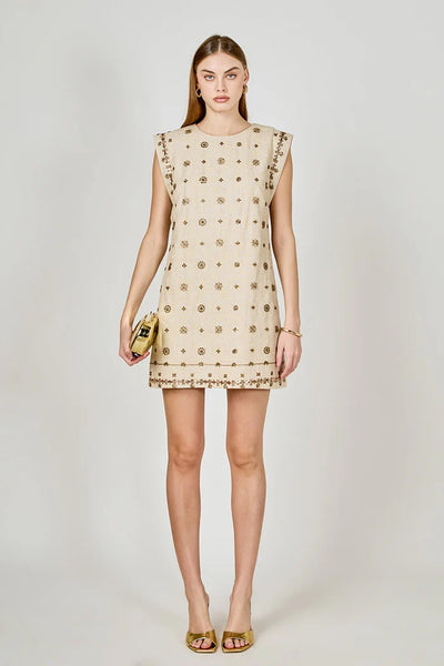 Tan Sleeveless Beaded Mini Dress