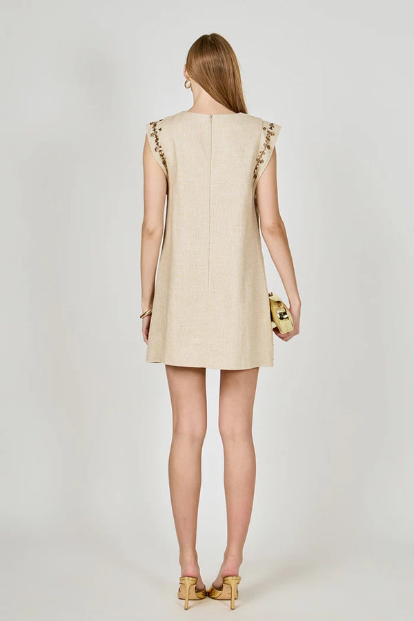 Tan Sleeveless Beaded Mini Dress