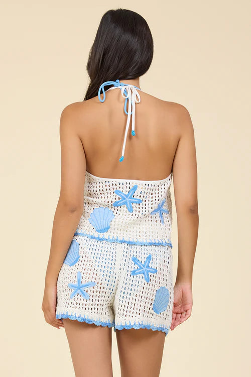Crochet Halter Top with Blue Embroidery Seashells