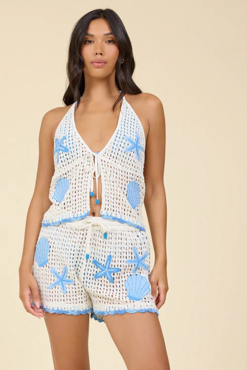 Crochet Halter Top with Blue Embroidery Seashells
