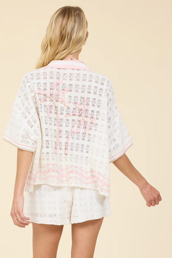 Crochet Button Down Ivory Top with Pink Palm and Stripes