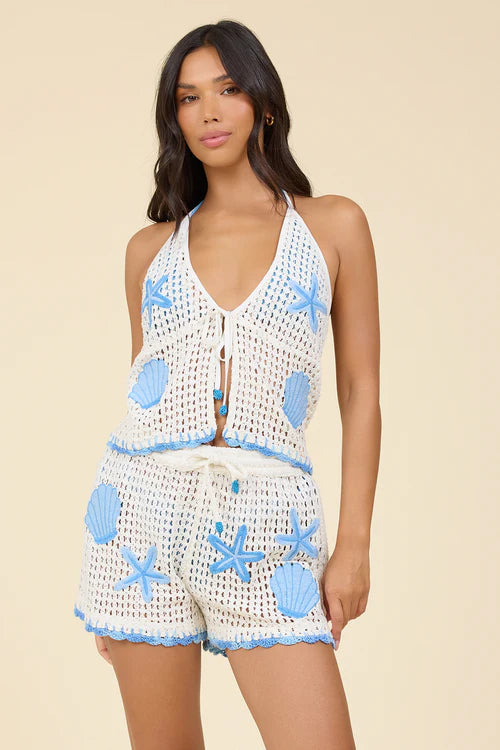 Crochet Shorts with Blue Embroidery Seashells