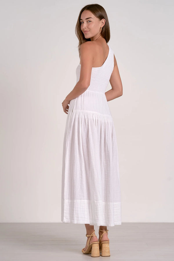 Elegant white Gracie maxi one-shoulder dress from women's boutique clothing, perfect for resort wear and summer styles.