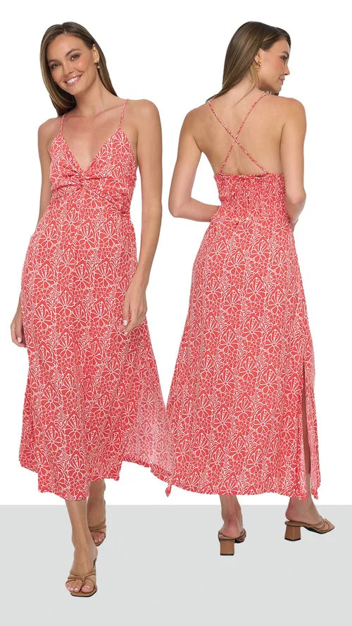 Lorena Spaghetti adj strap, twist front smocked back w/tie Midi Dress