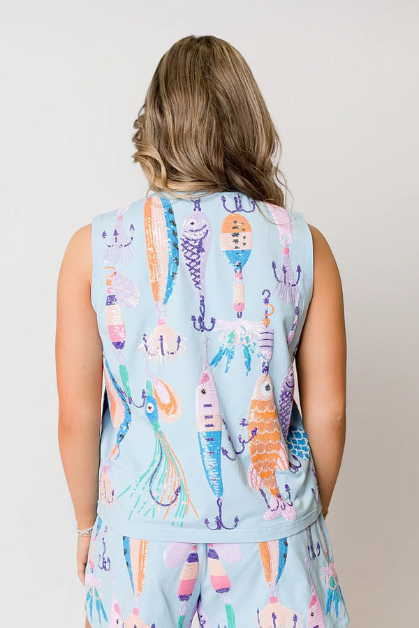 Multi Color Sequin Fishing Bait Sleeveless Top