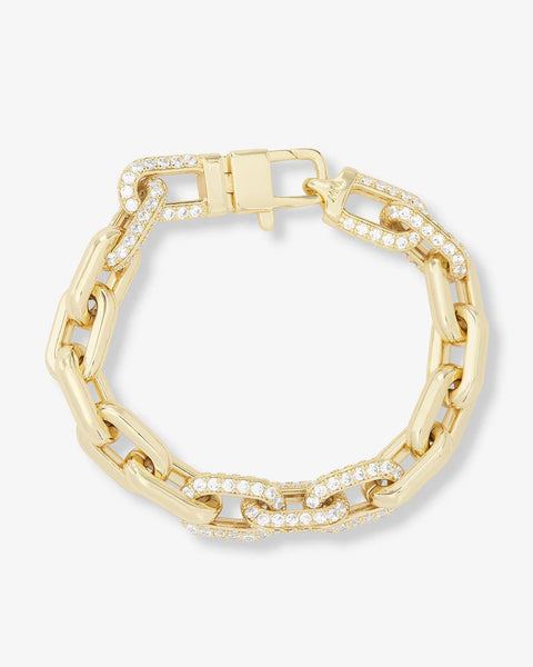 Frankie Pavè Chain Bracelet featuring gold links and simulated diamonds, perfect women's jewelry for upscale fashion and summer styles.