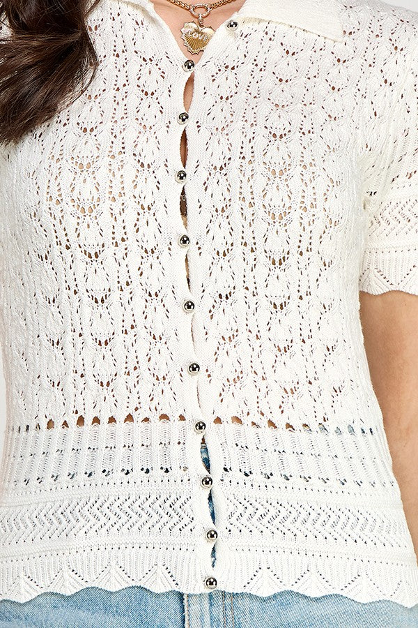 Short sleeve pointelle cardigan with delicate knit, collared neckline, perfect for women’s boutique clothing summer collection.
