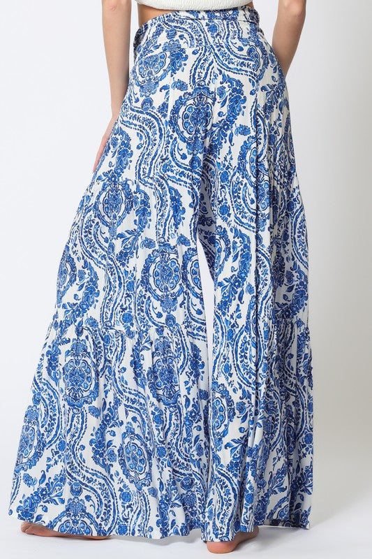 Blue and white tie front tiered wide-leg pants, perfect for women's boutique clothing and summer collection attire.