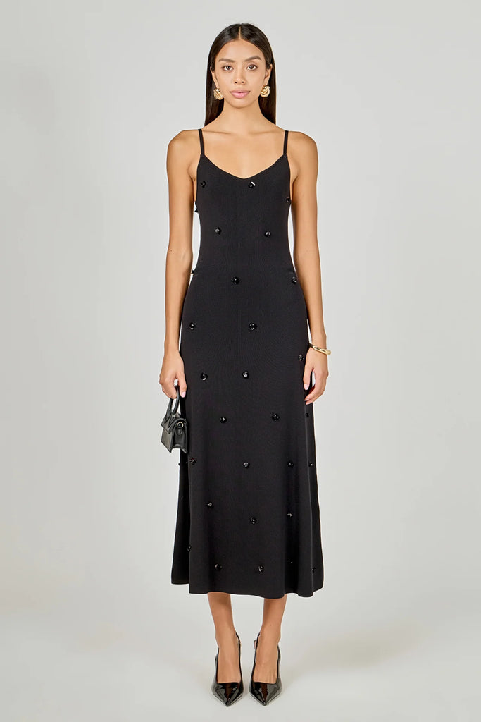 Black Embellished with Thin Straps Knit Midi Dress