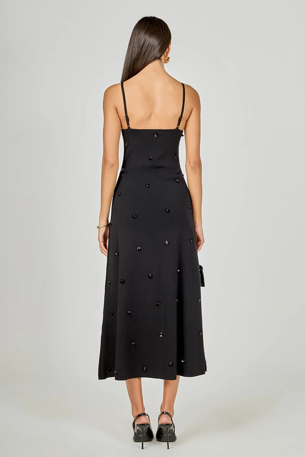 Black Embellished with Thin Straps Knit Midi Dress
