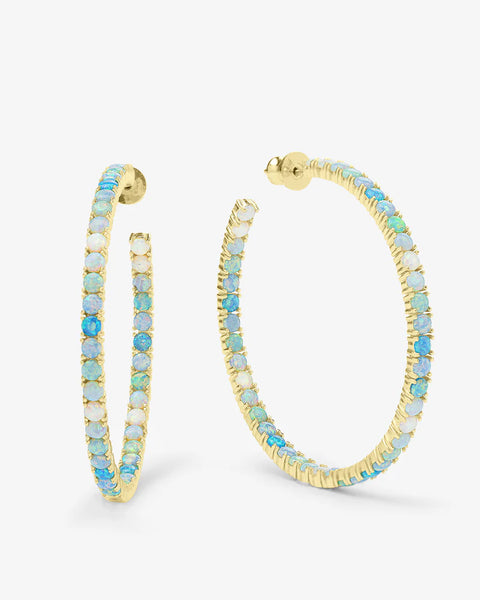 Heiress Ombre Hoops 2" with blue opal stones, perfect women's jewelry for summer collection boutique and exclusive women's fashion.