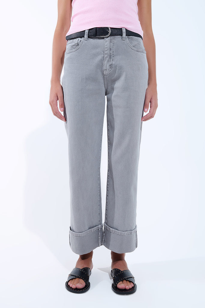Grey Straight Leg Cropped Fold Over Hem