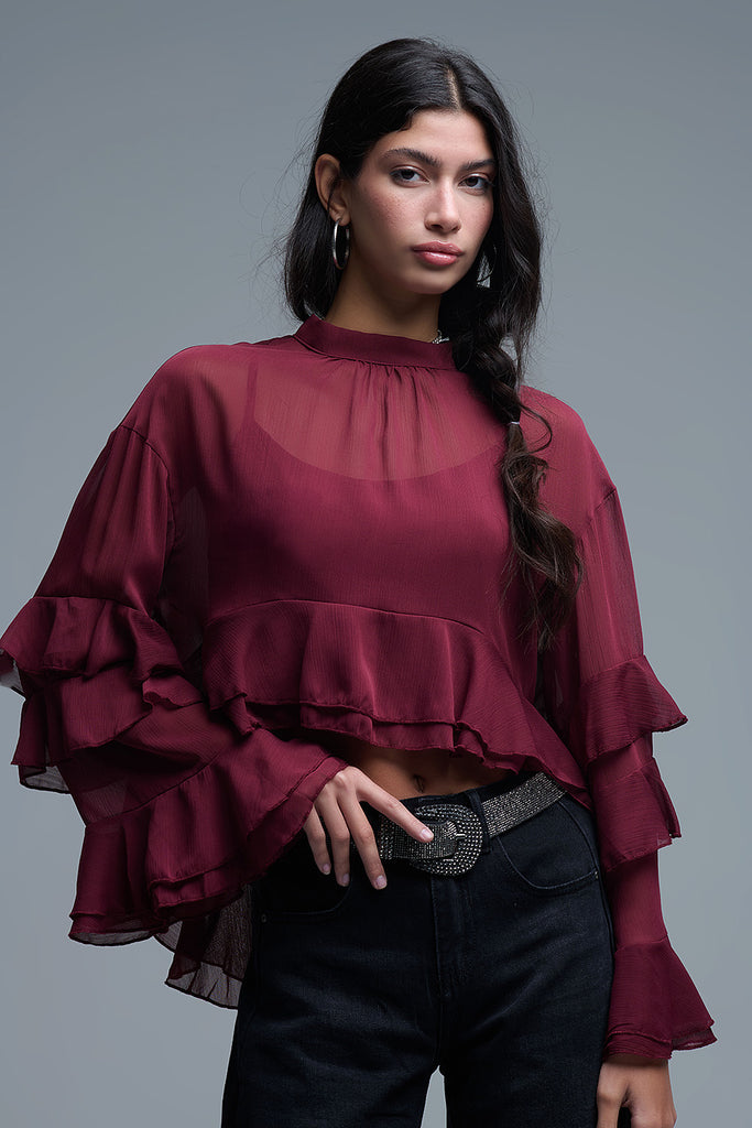 Sheer Cape-Style Blouse w/Ruffles