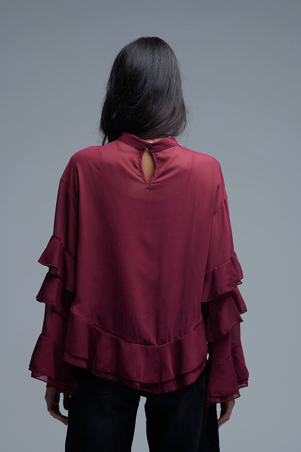 Sheer Cape-Style Blouse w/Ruffles