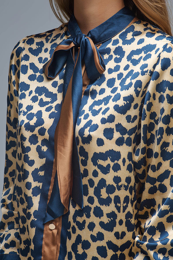 Leopard Print Satin Blouse Front Tie