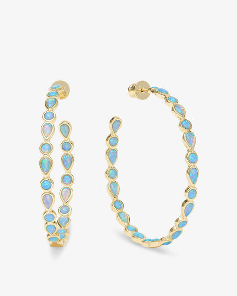 Isla Hoops 2" Blue earrings, 18k gold plated with simulated opals, perfect for summer collection boutique and exclusive women’s fashion.