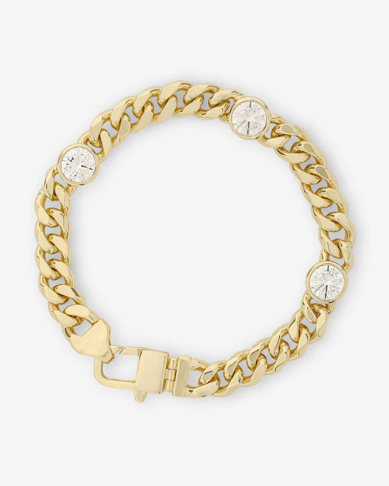 Julian Triple Diamond Cuban Chain Bracelet, gold-plated, 3 simulated diamonds, perfect women's jewelry for summer collection boutique.