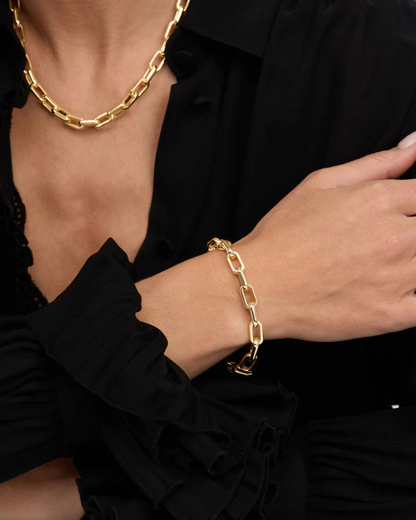 Chunky Lil' Frankie Chain Bracelet in gold, perfect for adding edge to your outfits. Ideal for summer collection boutique styles.