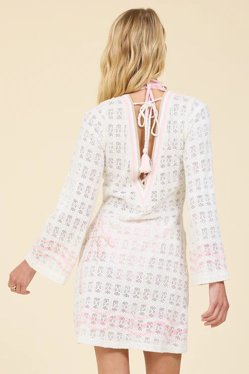 Long Sleeve Ivory Mini Dress with Pink Palms