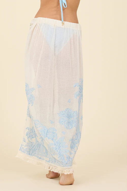 Tropical Landscape O-Ring Fringe Hem Maxi Skirt with Thigh Slit