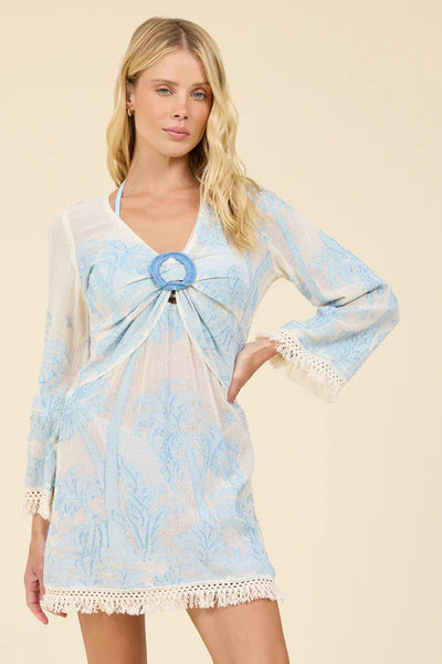 Tropical Landscape O-Ring Fringe Bell Sleeves & Hem Mini Dress