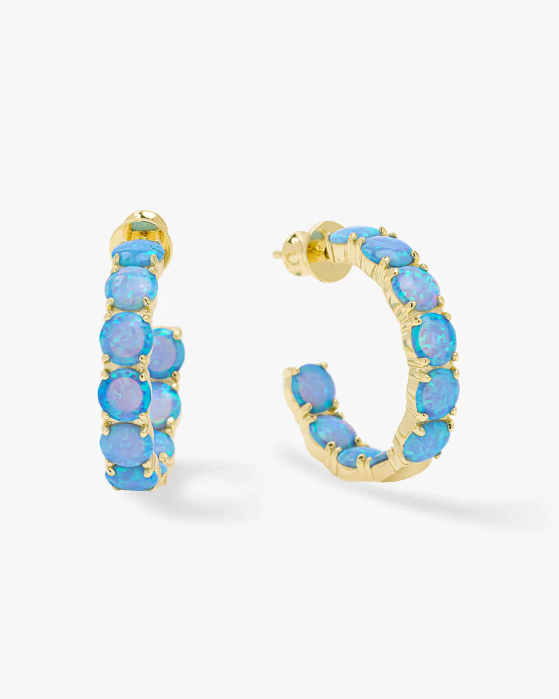 Oh She Fancy 1' Blue Opal Hoops in gold with simulated blue opals, a chic accessory for women's boutique clothing and summer collections.