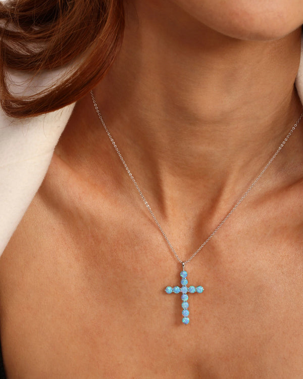 Oh She Fancy Blue Opal Cross Pendant 18'