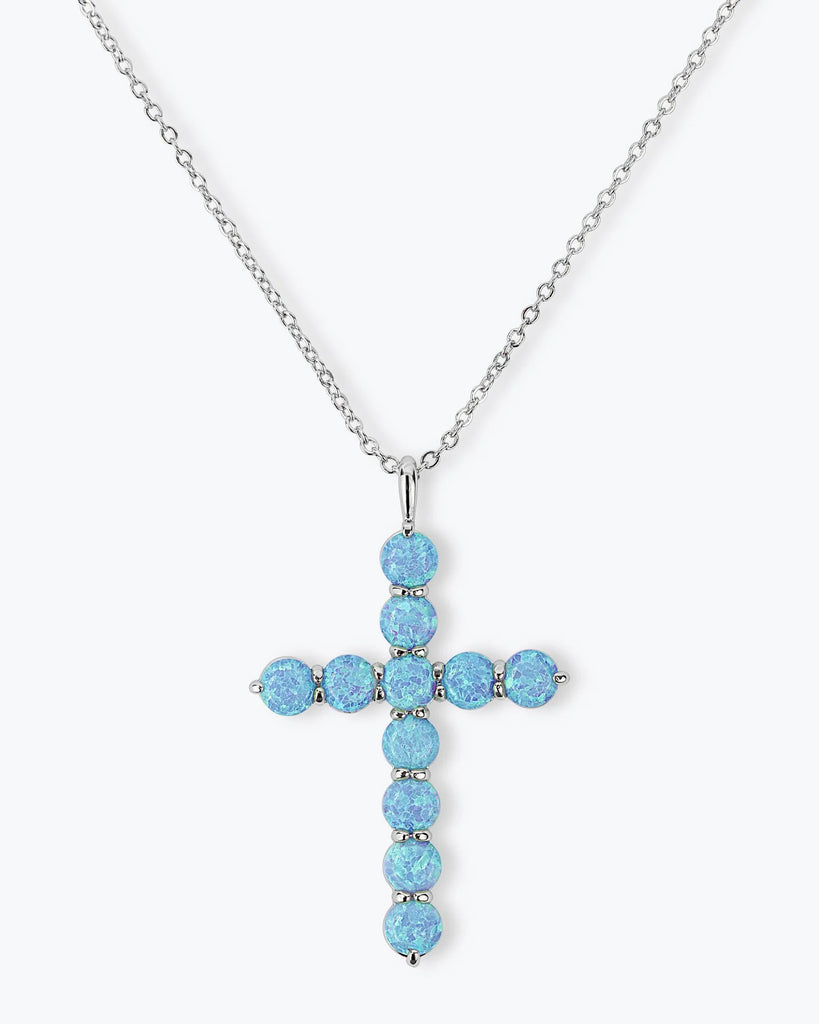 Oh She Fancy Blue Opal Cross Pendant 18'