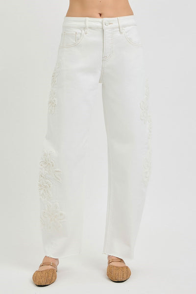 Cream Color Tummy Control 3D Floral Barrel Jeans