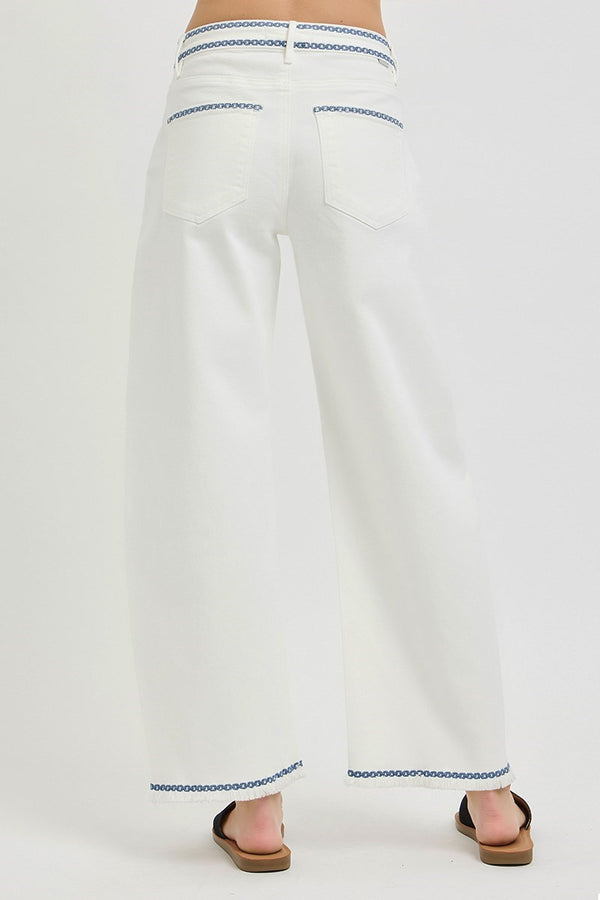 Hi Rise Crop Embroidered Details White Denim