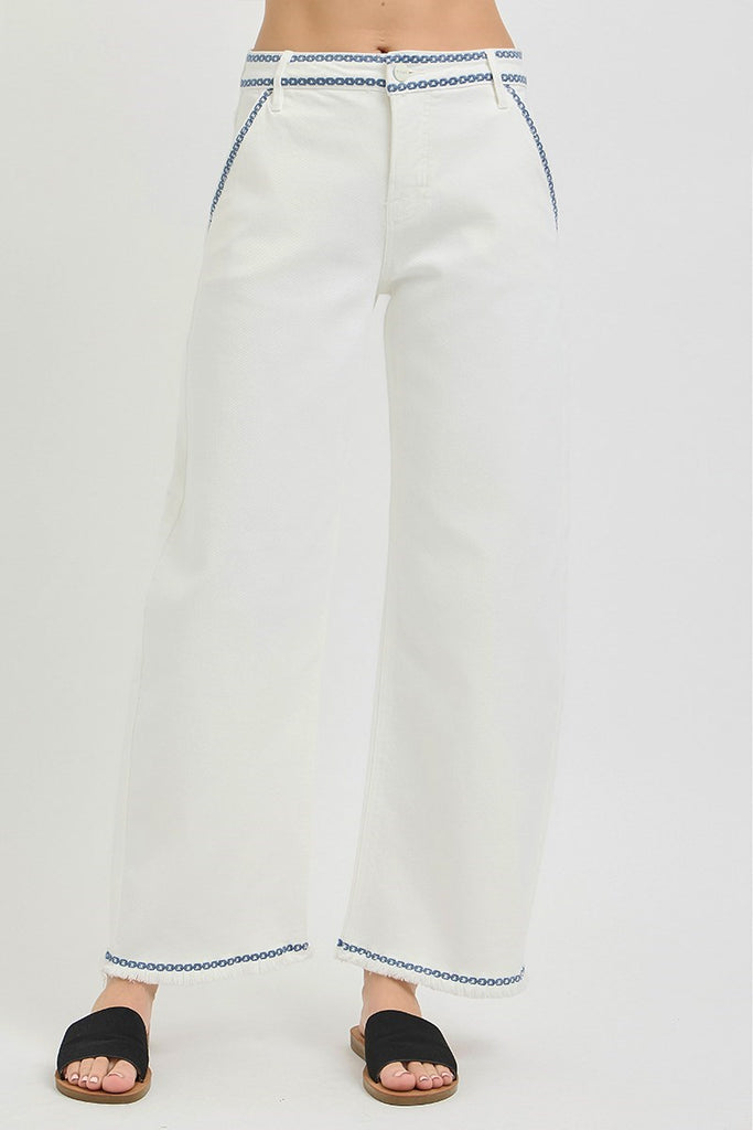 Hi Rise Crop Embroidered Details White Denim