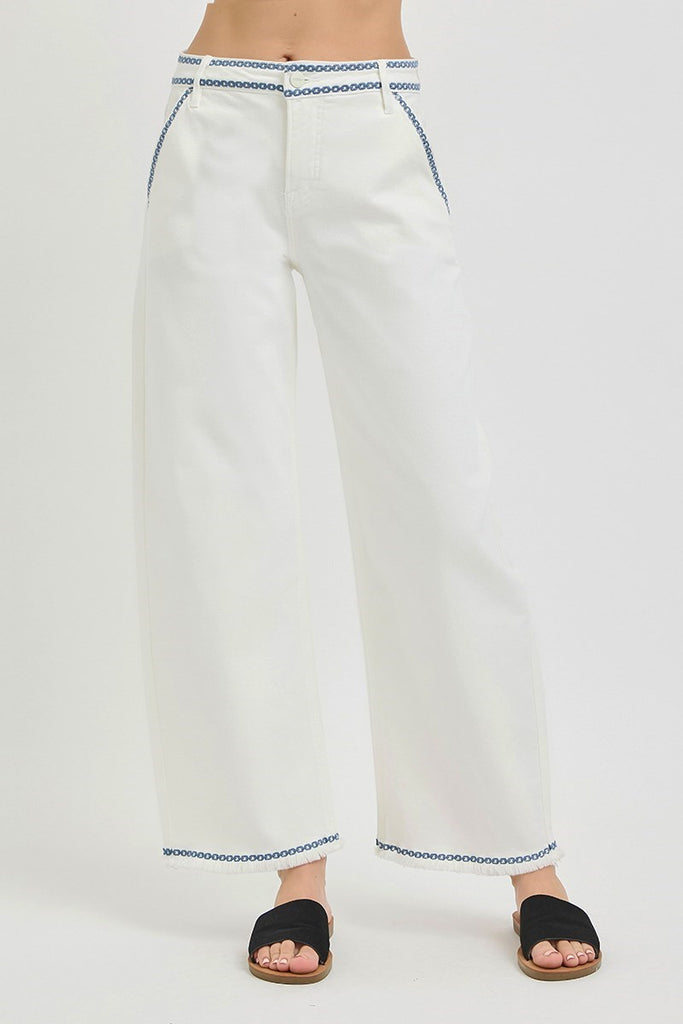 Hi Rise Crop Embroidered Details White Denim