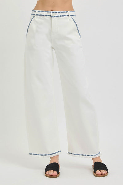 Hi Rise Crop Embroidered Details White Denim