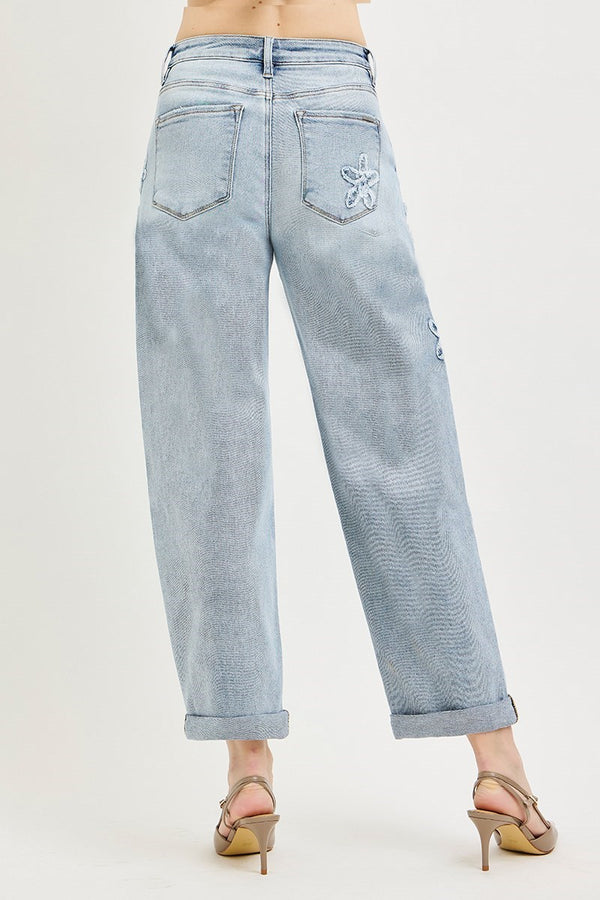 Floral Patch Detail Barrel Cropped Jeans