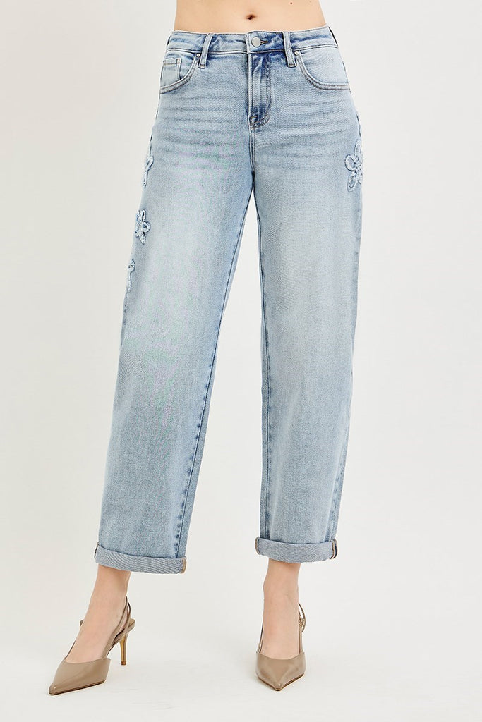 Floral Patch Detail Barrel Cropped Jeans
