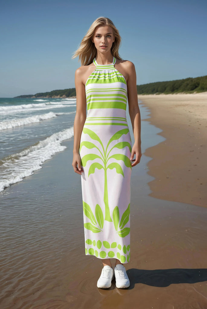 Tropical Breeze Lime Palm Halter Dress