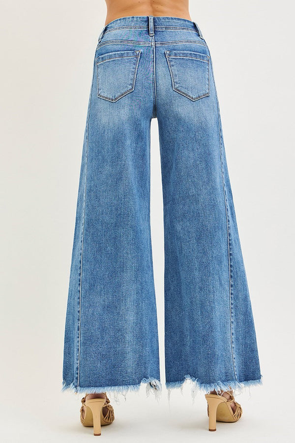 Hi Rise Side Panel Wide Leg Fray Hem Jeans