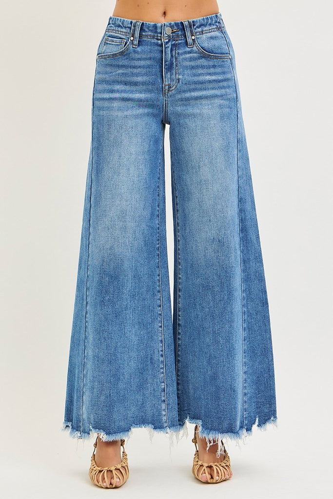 Hi Rise Side Panel Wide Leg Fray Hem Jeans