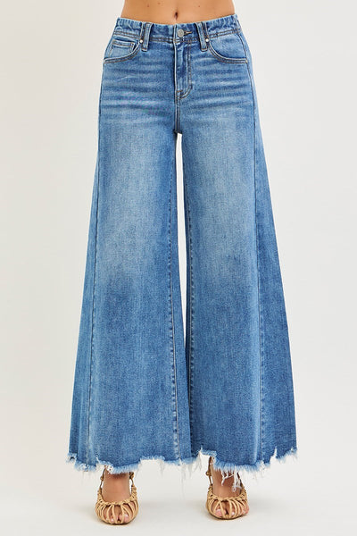 Hi Rise Side Panel Wide Leg Fray Hem Jeans