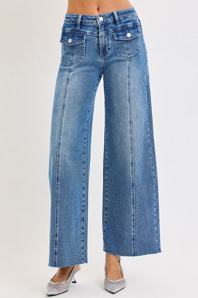 Hi Rise Ankle Wide Jeans Front Flap Patch Pocket