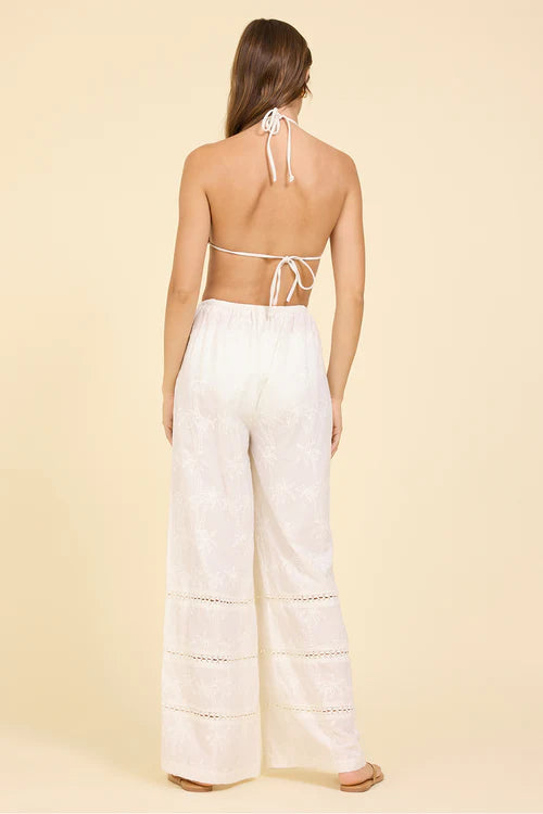 White Palm Eyelet w/Turquoise Bead Waist Tie Wide Leg Pant